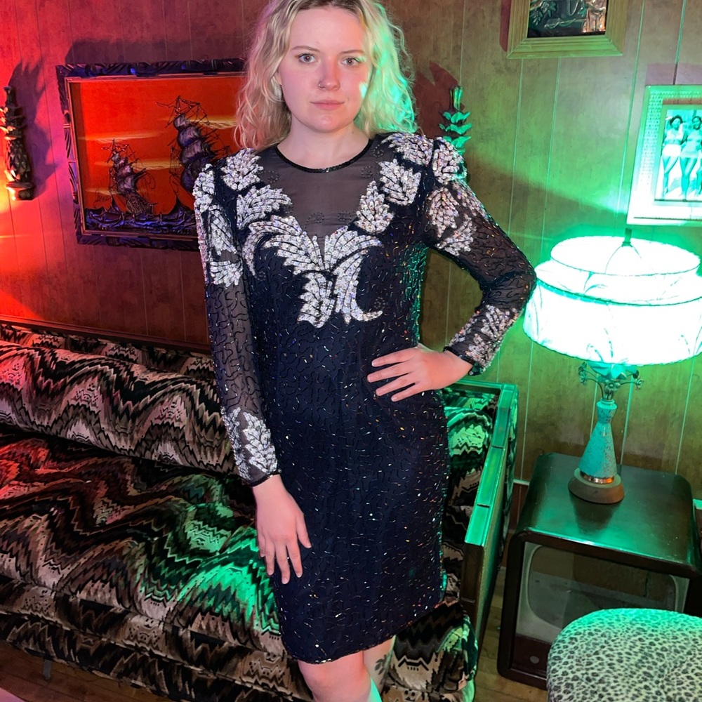 Stunning Vintage Silk Beaded Sequined Midnight Blue SCALA  Short Gown - Medium